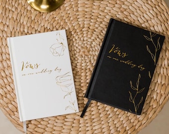 Vows on Our Wedding Day Book Set (Black + White) Ready to Ship - Gold Embossed Foliage Hardcover Wedding Ceremony Bride Groom Vows, Set of 2