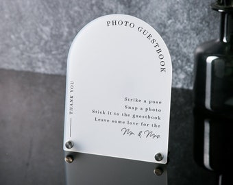 Arch Wedding Table Sign (Design 9) - 6 x 7.5&quot; Please Sign Our Guestbook Custom Acrylic, Photo Guest Book Table Decor Signage, Polaroid Sign