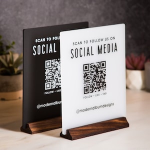 QR Code Social Media Sign w/ Wood Stand - Scannable Office Table Desk Signage, Social Media for Small Business, Salon Restaurant Bar Signs