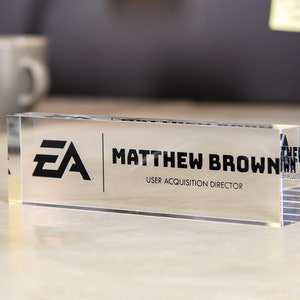 Acrylic Desk Block with Logo - 10x2.75 Executive CEO Plaque, New Job Office Business Decor, Company Staff Name Title Sign, Promotion Gift