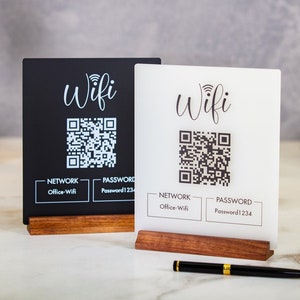 QR Code Wifi Acrylic Sign w/ Wood Base -  6.5 x 7.75&quot; Table Sign for Home & Airbnb Rental, Small Business Nail Salon Restaurant Bar Signage