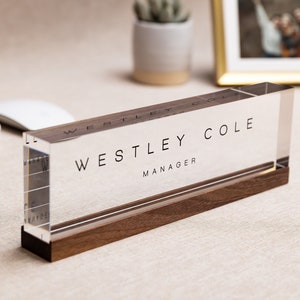 Personalized Acrylic Name Block (D3) - w/ Optional Wooden Base, Minimal Executive Desk CEO Sign New Job Office Decor Graduate Promotion