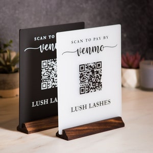 QR Code Scan to Pay w/ Wood Stand - Scannable Acrylic Sign to Pay Venmo Paypal Cashapp Table Sign for Salon Restaurant Bars Small Business