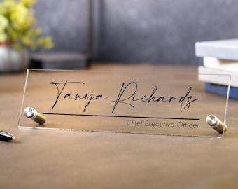 Standing Acrylic Name Plate - 10x2.75" Clear Script Executive Desk CEO Sign, New Job Office Business Decor, Company Promotion Gift