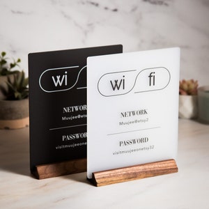 Wifi Acrylic Sign w/ Wood Base - 6.5 x 7.75&quot; Table Signage for Home & Airbnb Rental, Custom Office Small Business Salons Restaurants Bars