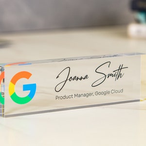 Acrylic Desk Block with Logo - 10x2.75 Executive CEO Plaque, New Job Office Business Decor, Company Staff Name Title Sign, Promotion Gift