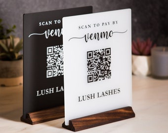 QR Code Scan to Pay w/ Wood Stand - Scannable Acrylic Sign to Pay Venmo Paypal Cashapp Table Sign for Salon Restaurant Bars Small Business