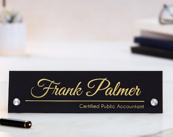 Standing Black Acrylic Name Plate (Gold Text) - Executive Desk CEO Sign, New Job Staff Corporate Employee Holiday Gift, Father's Day Gift