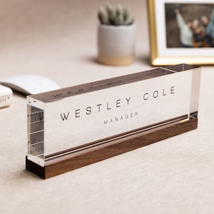 Personalized Acrylic Name Block w/ Wooden Base (Design 3) - Minimal Executive Desk CEO Sign, Job Office Decor, Graduation or Promotion Gift
