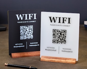 QR Code Wifi Acrylic Sign w/ Wood Base - 6x7.75" Table Sign for Home & Airbnb Rental, Sign for Small Business Office Signage, Salon Spa Wifi