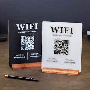 QR Code Wifi Acrylic Sign w/ Wood Base - 6x7.75&quot; Table Sign for Home & Airbnb Rental, Sign for Small Business Office Signage, Salon Spa Wifi