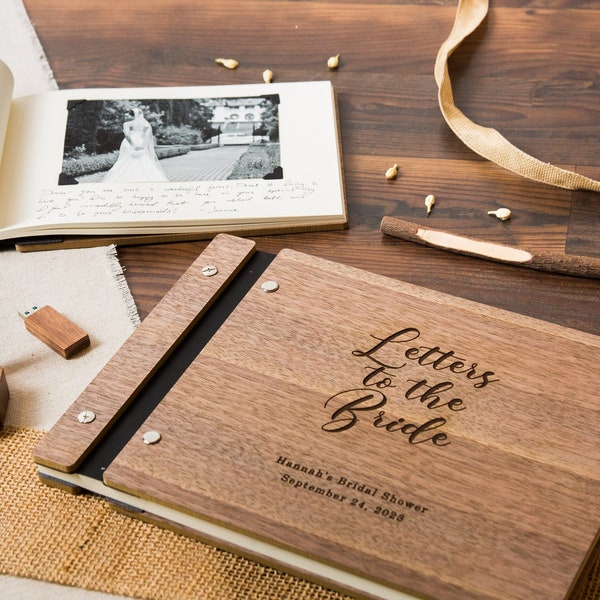 Engraved Premium Wood Guest Book, Letters to the Bride - Bridal Shower Guestbook, Engagement Party Sign-In, Bachelorette Signature Book