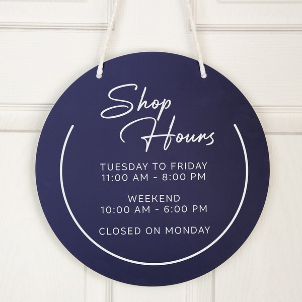 Round Hanging Acrylic Sign (Store Hours) w/ White Rope - custom signage for office home rental door, small business, spa salon working signs