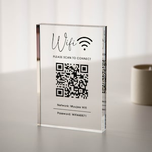 Acrylic Block QR Code Wifi Sign (Design 1) - Custom Network Password Table Top Signage Hotel Small Business Restaurants Bars Cafe Salon