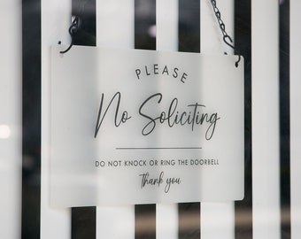 No Soliciting Hanging Acrylic Sign & Black Metal Chain - 11.5x7" Custom Sign, Office Home Business Door Please Do Not Ring Doorbell Signage