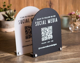 Arched QR Code Social Media Sign - 6x7.75" Scannable Table Desk Signage, Social Media for Small Business, Office Salon Restaurant Bar Signs