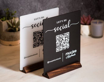 QR Code Social Media Sign w/ Wood Stand - 6.5 x 7.75" Logo Optional Scannable Acrylic Instagram Website Sign for Business Salon Restaurant