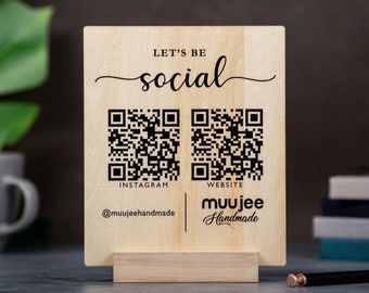 Maple QR Code Social Media Sign w/ Maple Wood Stand - Business Logo Plaque for Pop Up Vendors Weddings Salon Spa Trade Shows Craft Shows