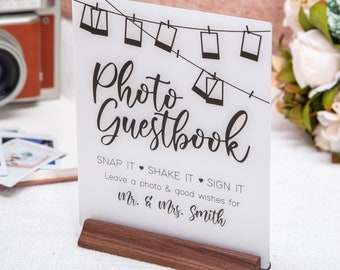 Ice Acrylic Guest Book Sign w/ Wood Stand - 6.5 x 7.75" Photo Guestbook Sign for Table Decor, Signage for Guest Book, Modern Wedding