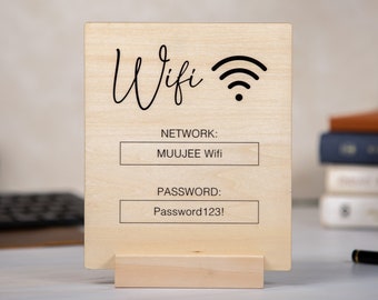 Wood Wifi Sign w/ Maple Wood Stand (Design 2) - Network Display Sign for Small Business Cafe Restaurant Beauty Spa AirBnB Rental Essential
