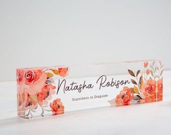 Acrylic Block (Floral) - Floral Script Desk Name Sign, New Job Office Decor, Graduation or Promotion Gift, Home Office Gift for Mom