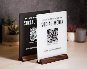 QR Code Social Media Sign w/ Wood Stand - Scannable Office Table Desk Signage, Social Media for Small Business, Salon Restaurant Bar Signs