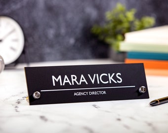 Black Standing Acrylic Name Plate - 10x2.75" Bold Desk Sign, New Job Modern Office Decor, Graduation or Promotion Gift, Employee Gifts