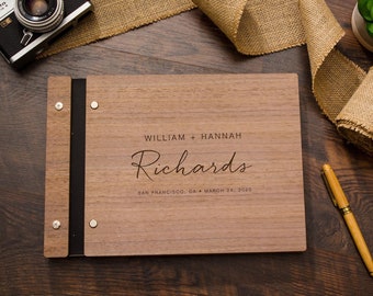 Engraved Wood Premium Guest Book - Engagement or Wedding Reception Guestbook, Blank Sign in, Birthday Party Event Signing Book Idea