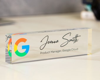 Acrylic Desk Block with Logo - 10x2.75 Executive CEO Plaque, New Job Office Business Decor, Company Staff Name Title Sign, Promotion Gift