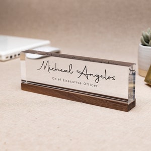 Personalized Acrylic Name Block (D2) - w/ Optional Wooden Base, Minimal Executive Desk CEO Sign, Job Office Decor, Graduation Promotion Gift