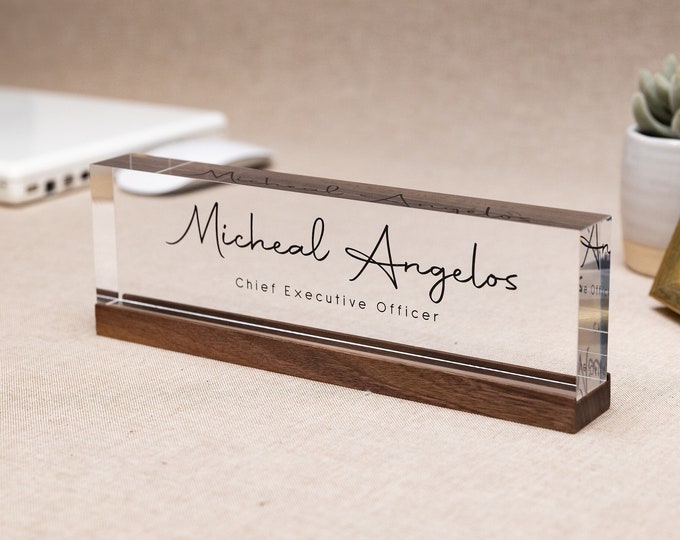 Personalized Acrylic Name Block (D2) - w/ Optional Wooden Base, Minimal Executive Desk CEO Sign, Job Office Decor, Graduation Promotion Gift