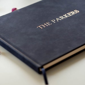 Embossed Guest Book in Navy (Kennerly Font) - Large Wedding Guestbook, Blank Pages Custom Event & Birthday Engagement Party Signature Book