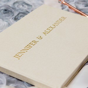 Embossed Canvas Linen Guest Book in Ivory Kennerly Font Foil Sign In Wedding Reception Guestbook, Modern Party & Birthday Signature Book image 6