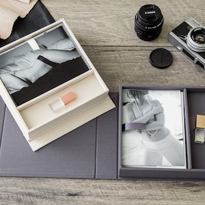 5x7&quot; Linen USB & Photo Box - Wedding Photography Presentation Box, Linen Anniversary Gift, Small Gift Box for Her Him Girlfriend Boyfriend