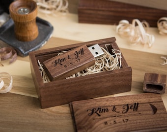 Thin Walnut USB Flash Drive & Wood USB Box Set - Custom Engraved USB