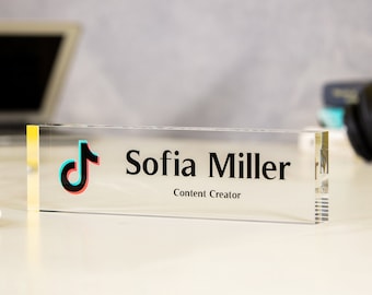 Acrylic Desk Block with Logo - 10x2.75 Executive CEO Plaque, New Job Office Business Decor, Company Staff Name Title Sign, Promotion Gift
