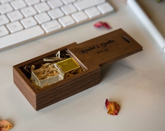 Metal Crystal USB & Engraved Wood Box Set (+ Wood Wool) - USB for Videos and Photos, Wedding Photography Flash Thumb Drive for Clients