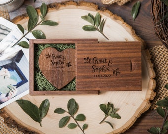 Heart USB & Box Set (+ MOSS Filler) - Custom Walnut Wood Flash Drive, Wedding Photography or Video Usb Packaging, Mom Gift Ideas