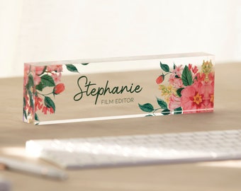 Acrylic Block (Floral) - Executive Desk Name Sign, New Job Office Decor, Graduation Promotion Gift, Staff Company Corporate Gift, Mom Gift