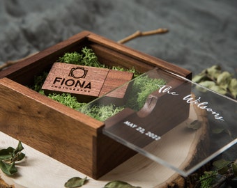 Clear Wood Box (+ MOSS filler) & Wide Walnut USB - Personalized Engraved Usb Flash Drive - Wedding Photography Video Studio Packaging