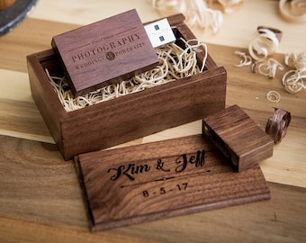 Thick Walnut USB Flash Drive & Wood USB Box Set - Custom Engraved USB for Videos and Photos, Portrait Wedding Photography, Teacher Gift