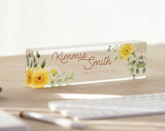 Acrylic Block (Floral) - Floral Executive Desk Name Sign, New Job Office Decor, Corporate Team Employee Gift , Mom Dad Gift