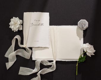 Personalized Deckled Edge Vow Book Set (D3) - Elegant Custom Vow Booklet w/ Ribbon & Lined Pages