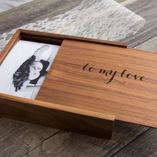 Boudoir Wood Photo Box - Engraved Keepsake Box for Picture Prints, Photo Memory Box Gift for Anniversary Birthday Gift for Boyfriend Husband