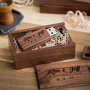 Thin Walnut USB & Wood Box Set Wood Wool Custom Engraved USB Set Video or Photography Wedding usb Flash Drive Gift for Her image 1