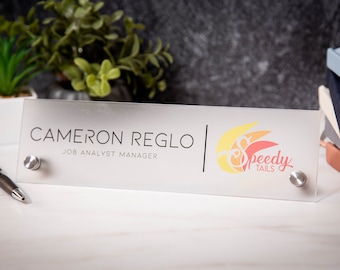 Frosted Standing Name Plate w/ Logo - 10x2.75" Desk Name Sign with Business Logo, New Job Office Decor, Promotion Teacher Coworker Gifts