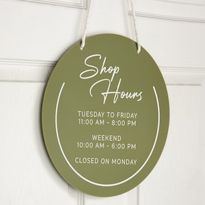 Round Hanging Acrylic Sign (Store Hours) w/ White Rope - Custom signage for office home rental door, small business, spa salon working signs