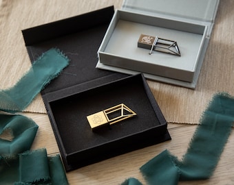 Linen USB Box with Geometric Metal USB - Custom Engraved Modern USB, Wedding Video or Photography usb, Personalized Memory Gift for Her