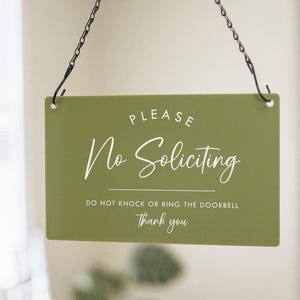 No Soliciting Hanging Acrylic Sign & Black Metal Chain - 11.5x7&quot; Custom Sign, Office Home Business Door Please Do Not Ring Doorbell Signage