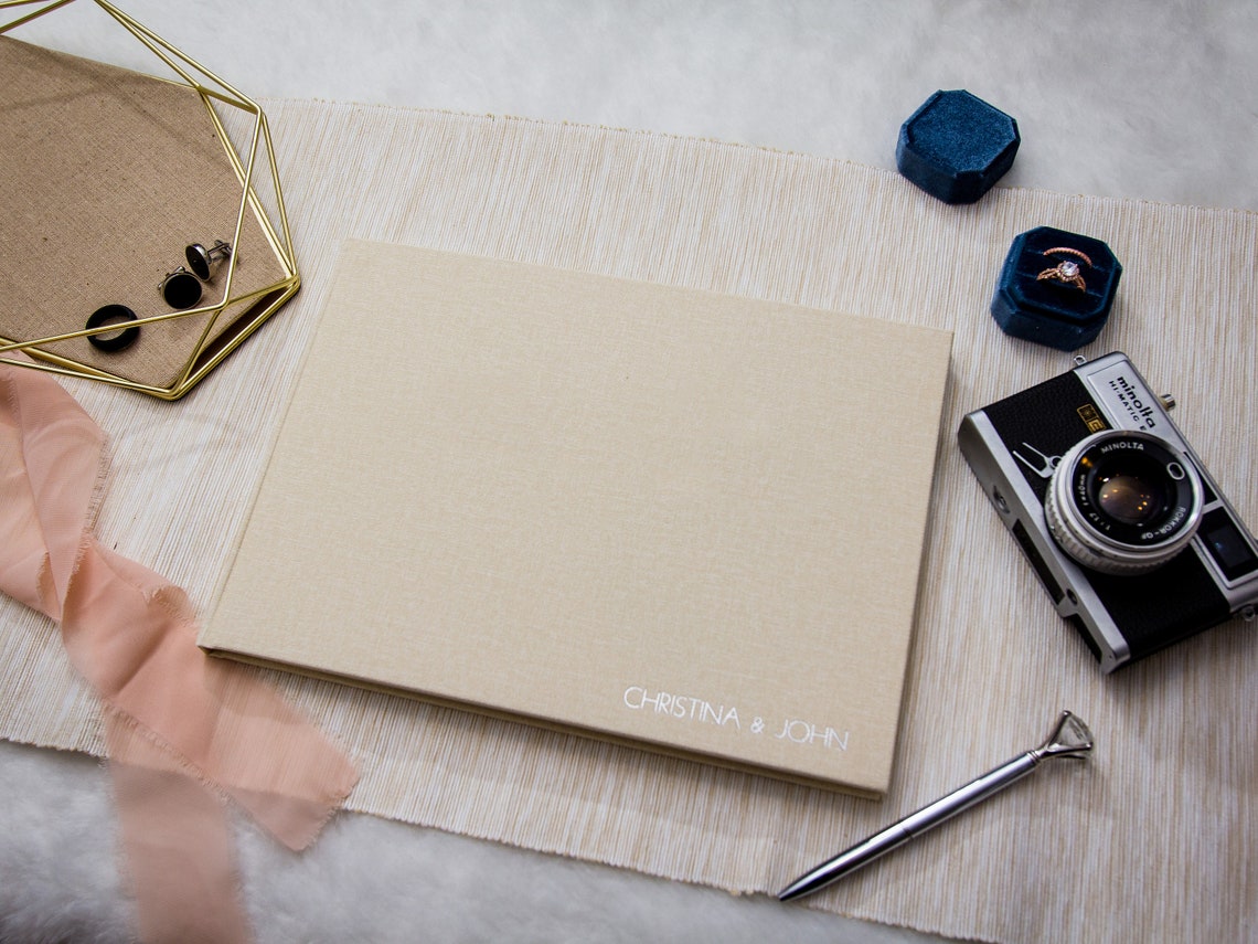 Embossed Canvas Linen Guest Book in Ivory Shiny Foil Sign in Etsy